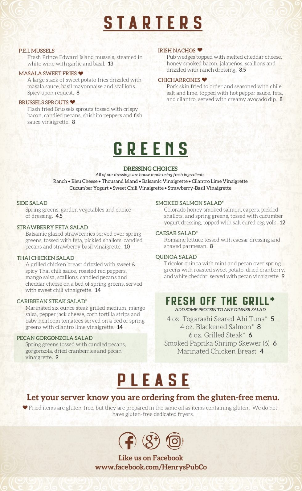 Gluten Free Menu Henry's Pub